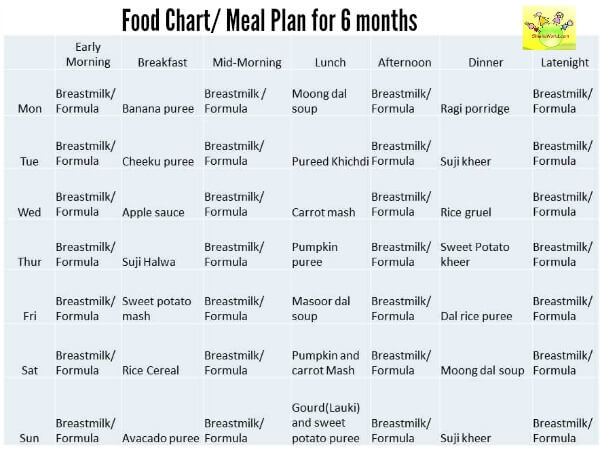 6 Month Baby food chart