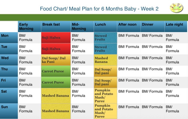 6 Month baby food chart