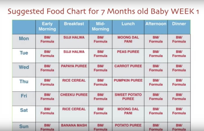 7 month baby food chart - week 1